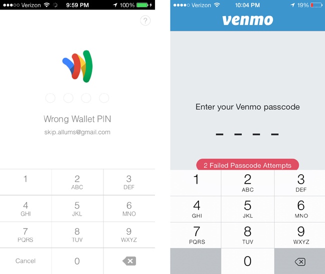 Unhelpful error handling methods for PIN entry: Google Wallet (left) and Venmo (right)