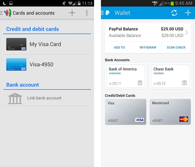 Card list views from Google Wallet (left) and PayPal (right) that illustrate how to display a user’s cards and accounts without revealing sensitive data