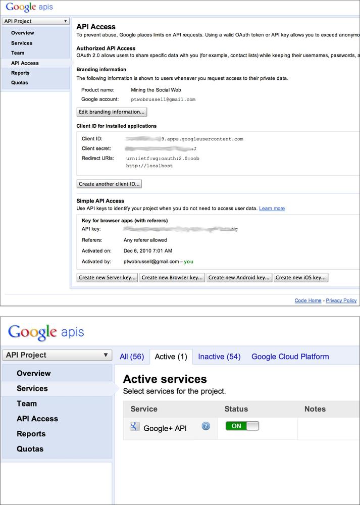 Registering an application with the Google API Console to gain API access to Google services; don’t forget to enable Google+ API access as one of the service options