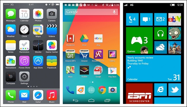 iOS 7, Android KitKat, and Windows Phone 8 all use the Springboard pattern at the OS level
