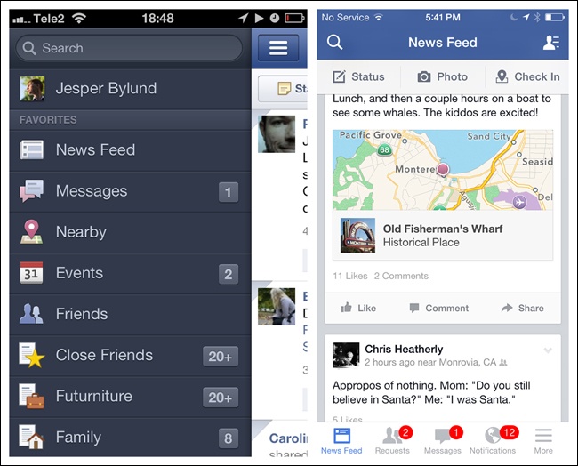 Facebook for iOS, old and new: Tab Bar (right) beat out the Side Drawer (left) and other navigation patterns in 10-million-user test batches