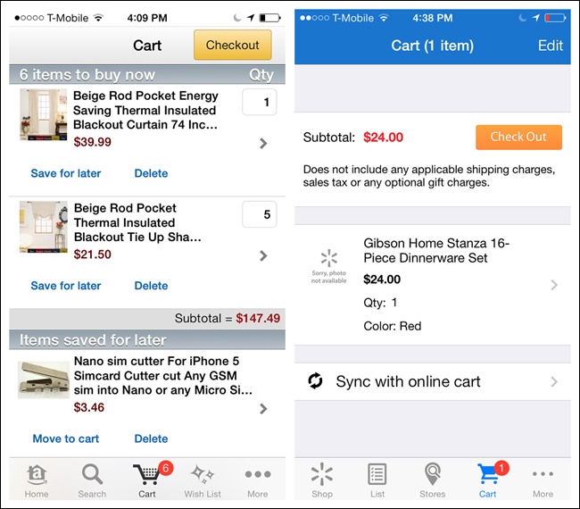 Amazon and Walmart for iOS: Tab Bar treatments