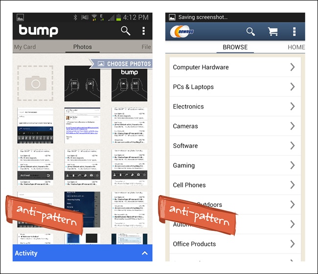 Bump and Newegg for Android: incorrect use of Scrolling Tabs for primary navigation