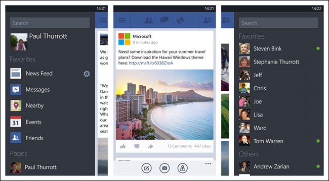 Facebook beta for Windows Phone: two Side Drawersâleft for the main menu, right for quick links