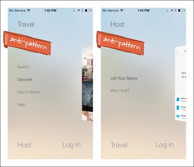 Airbnb for iOS 7: confusing implementation of the emerging Side Drawer style ()