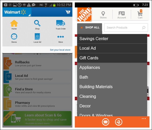 Walmart for Android and Home Depot for Windows Phone: overlay Toggle Menus