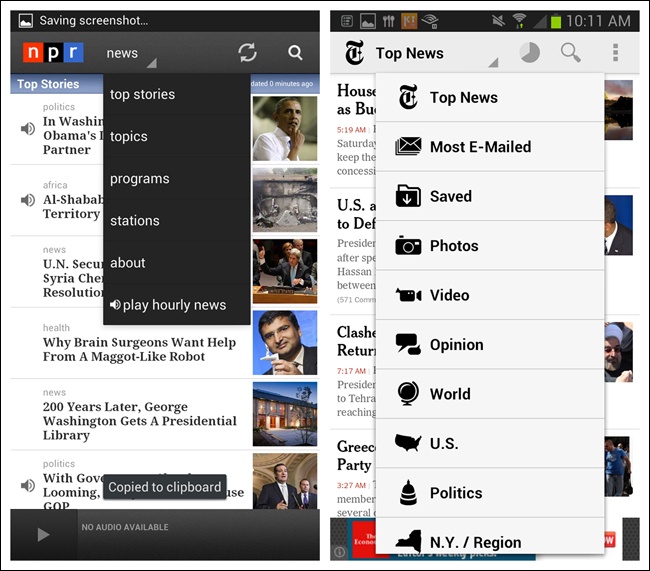 NPR and NYTimes for Android: the Spinner Toggle Menu is for views within a category