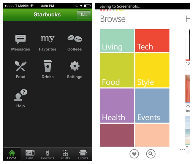 Starbucks for iOS and Brit & Co. for Windows Phone: Springboards as secondary navigation