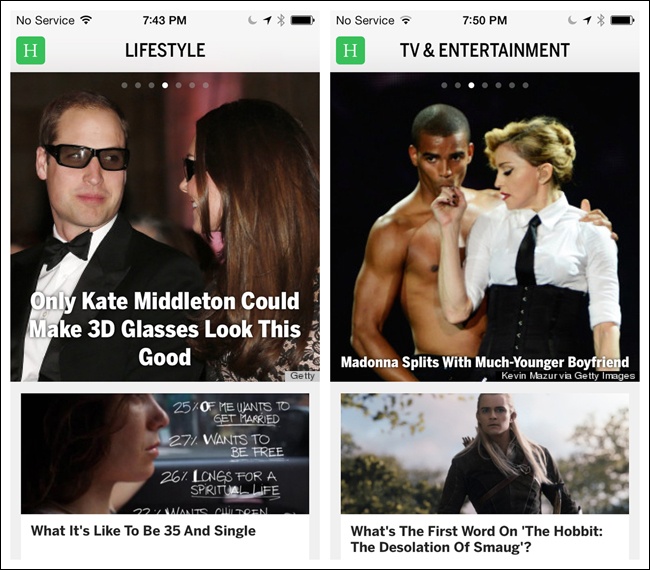 HuffPost for iOS: subtle paging indicators across the top provide affordance to swipe
