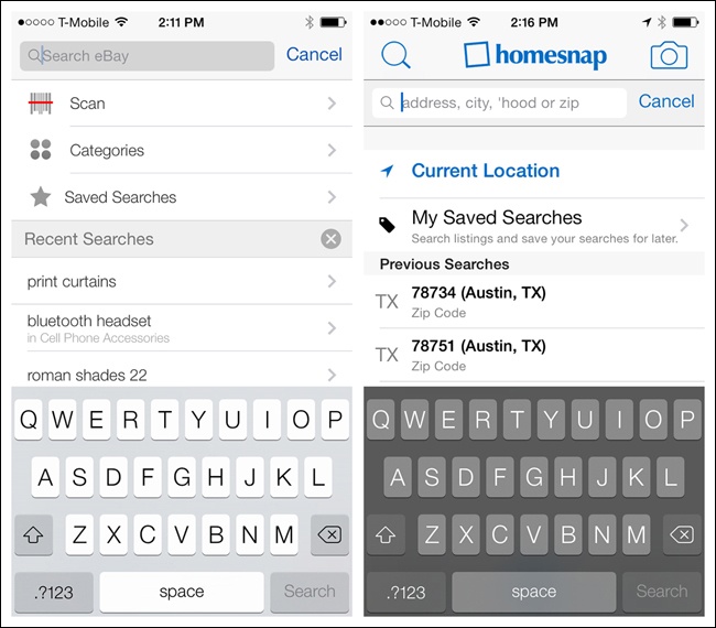 eBay and Homesnap for iOS: Saved and Recent Searches