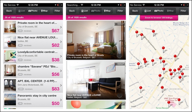 Airbnb for iOS: list, photo, and map Search Result views