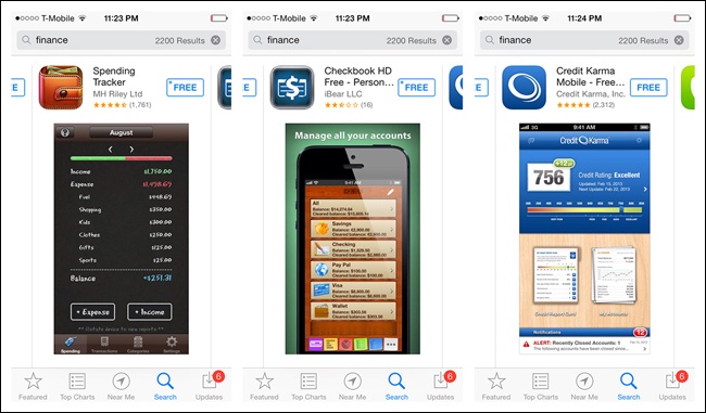 App Store for iOS: 2,200 unsorted results for finance apps