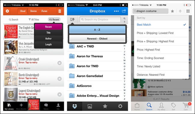 Audible, Dropbox, and eBay for iOS: top-sort overlays
