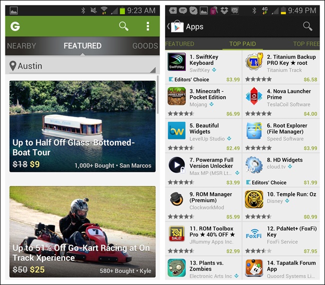 Groupon and Play Store for Android: Scrolling Tabs provide filtering