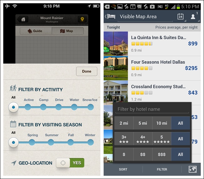 National Parks for iOS and Expedia for Android: Filter Overlays