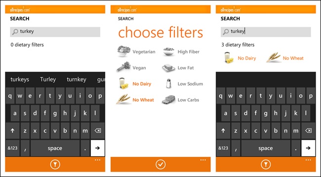 Allrecipes for Windows Phone: Filter Form in context with search field