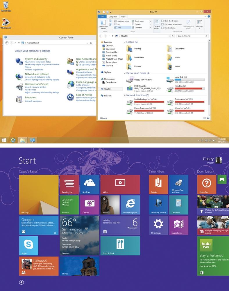 In Windows 8, you’ll encounter two different environments.Top: There’s the Windows desktop, which looks and works like Windows always has. It runs traditional Windows desktop programs.Bottom: And then there’s what this book calls TileWorld, a new environment geared toward touchscreens. It runs a new class of full-screen, colorful, touchscreen-friendly apps.