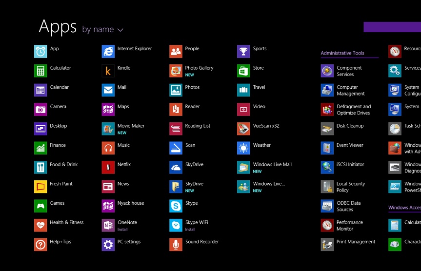 Here’s your master list of every program, both TileWorld apps and Windows desktop apps. They’re organized by named groups, which correspond to the folders that used to be in the old Start menu. You can sort them by name, date installed, frequency of use, or category, using the button at the top.
