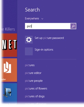 When you begin typing on the Start screen, you automatically enter the search mode. As you type, Windows narrows down the visible icons, showing only matching apps and programs.The top of the list shows matches from your computer. Below the line: matches from the Web, as though you’d performed a Google search (in this case, a Bing search).