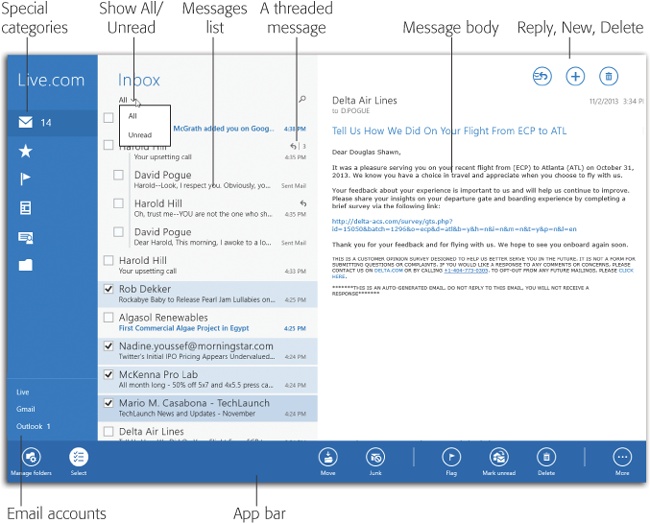 Far left: In Microsoft email accounts (Hotmail, Live, Outlook, and so on), this panel offers icons for Favorites, Flagged, Newsletters, Social Updates, and (at bottom) Folders.In the middle is the list of messages inside whatever folder or category you’ve tapped. At right are the contents of that message.