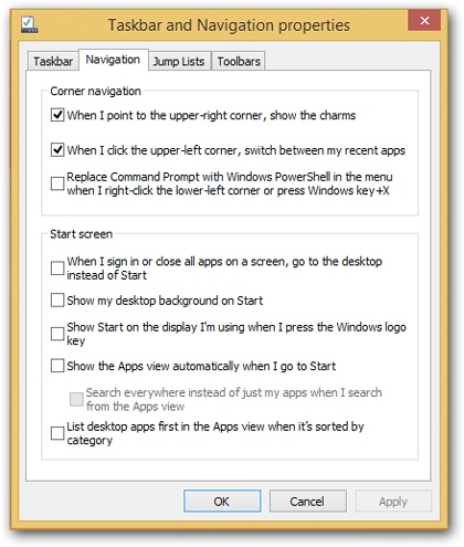 Many new options in this dialog box are designed to let you live at the desktop and ignore TileWorld.To get here, do a search (page 83) for navig. In the results list, choose Taskbar and Navigation. In the resulting dialog box, select the Navigation tab, shown here.