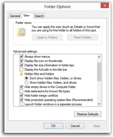 Some of the options in this list are contained within tiny folder icons. A double-click collapses (hides) these folder options or shows them again. For example, you can hide the “Don’t show hidden files, folders, and drives” option by collapsing the “Hidden files and folders” folder icon.