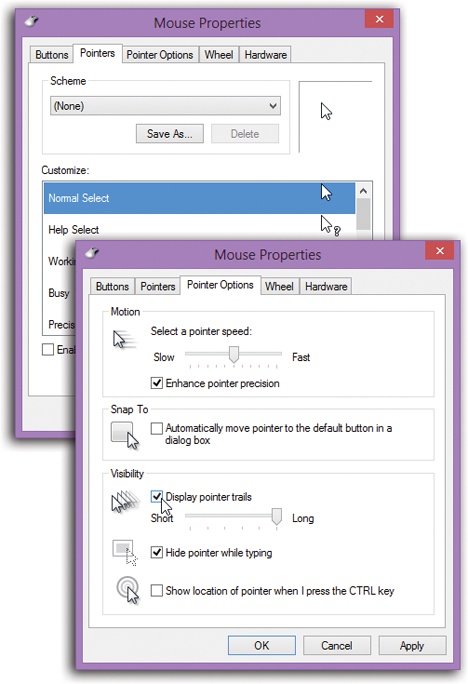 Top: The Pointers dialog box, where you can choose a bigger cursor (or a differently shaped one).Bottom: The Pointer Options tab. Ever lose your mouse pointer while working on a laptop with a dim screen? Maybe pointer trails could help. Or have you ever worked on a desktop computer with a mouse pointer that seems to take forever to move across the desktop? Try increasing the pointer speed.