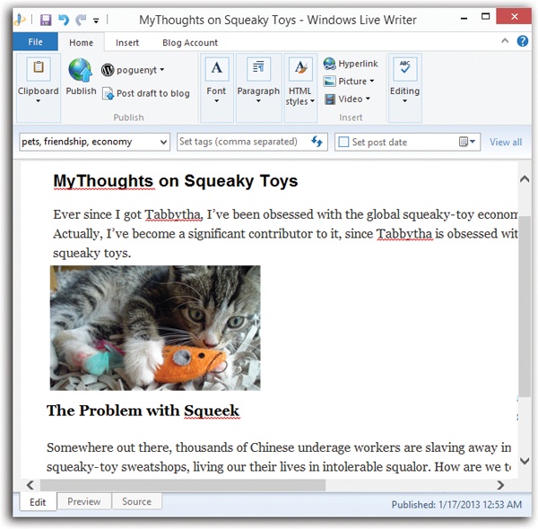 Writer is Microsoft’s blog-writing tool. It lets you compose fully formatted and illustrated blog posts (text, graphics, links, tables) and post them online with just a couple of clicks.