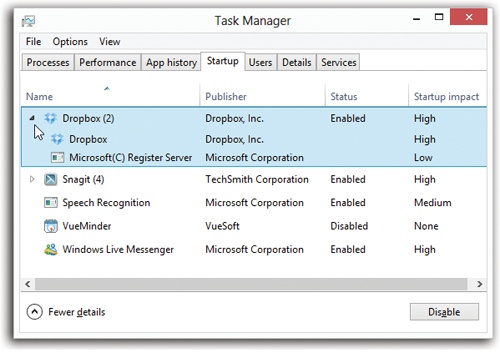 To see what secret software is loading at startup time, open the Task Manager’s Startup tab.The “Startup impact” column shows you how much time and memory each item is sucking away from your computer’s startup sequence.The handy Disable button lets you turn off any selected item with one click.