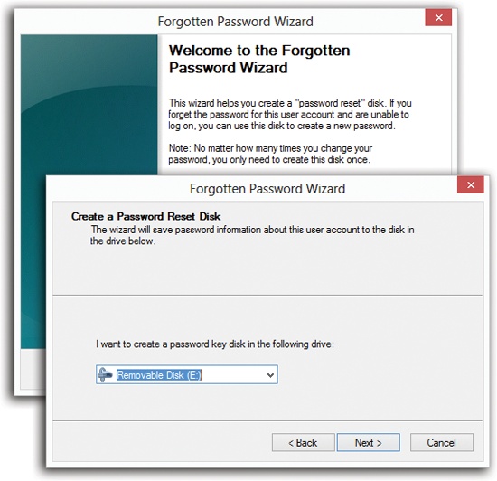 The screens of this wizard guide you through the process of inserting a flash drive and preparing it to be your skeleton key. If you forget your password—or if some administrator has changed your password—you can use this drive to reinstate it without the risk of losing all your secondary passwords (memorized Web passwords, encrypted files, mail and social-media accounts, and so on).