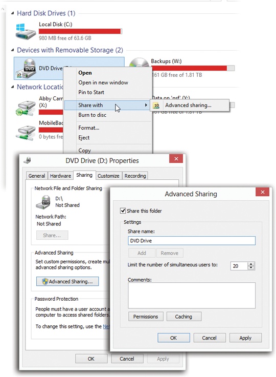 Here’s the procedure for sharing your DVD drive so that it appears in the Computer windows of other machines on the network.Top: In the Computer window, right-click the DVD drive and share it.Bottom left: Click Advanced Sharing.Bottom right: Share the drive and name it.