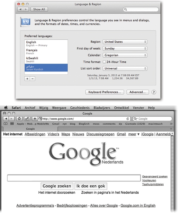 Top: You can flip your copy of OS X into any of about 165 languages. Click the button to see them all—and add them to the list of Preferred Languages. You’re asked, when you add a language, if you want it to be the Mac’s primary language.Bottom: Here’s Safari running in Dutch. Actually understanding Dutch would be useful at a time like this—but even if you don’t, it can’t help but brighten up your workday to choose commands like Spraakfunctie or Knip. (Alas, your success with this trick varies by program.)