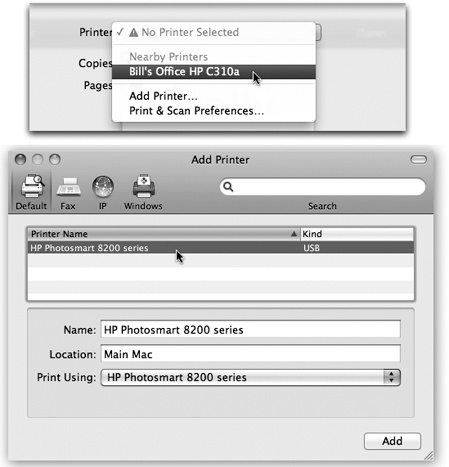 Top: To introduce your Mac to a new printer, try to print something. If you have a USB printer or a “nearby” one, it’s probably listed here already. Off you go.If your printer isn’t listed, then choose Add Printer from this pop-up menu.Bottom: Your Mac should automatically “see” any printers that are hooked up and turned on. Click the one you want, and then click Add.
