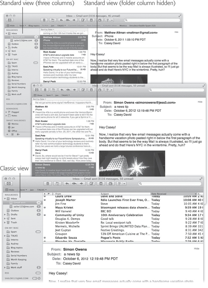 Mail can have several different layouts. In the standard three-column view (top), all your mailboxes are grouped tidily in the far-left column. You can hide that column, though, so that you have more space for reading (middle). You can also return to the pre-Lion layout (bottom), in which the messages list is above the message body.