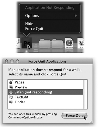 Top: You can force quit a program from the Dock by pressing Option as you click-and-hold (or after you’ve Control-clicked). Or, if the Mac knows that the program has frozen, this command says Force Quit without your needing the Option key.Bottom: When you press Option-⌘-Esc or choose Force Quit from the menu, a tidy box listing all open programs appears. Just click the one you want to abort, click Force Quit, and click Force Quit again in the confirmation box. (Using more technical tools like the Unix kill command, there are other ways to jettison programs. But this is often the most convenient.)