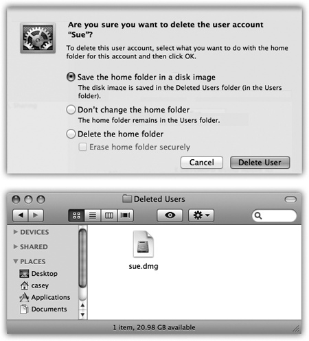Top: This dialog box lets you know where to find the deleted account’s material, should the need arise.Bottom: The files and settings of accounts you deleted can live on in the Users→Deleted Users folder.