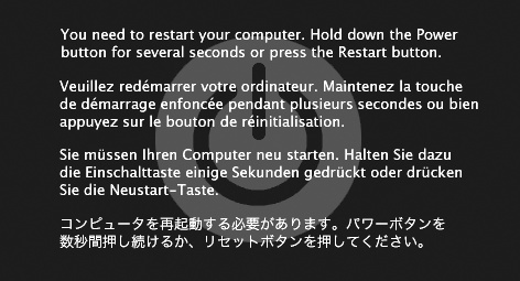 A kernel panic is almost always related to some piece of add-on hardware. And look at the bright side: At least you get this handsome dialog box. That’s a lot better than the Mac OS X 10.0 and 10.1 effect: random text gibberish superimposing itself on your screen.