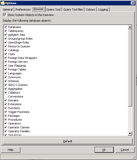 Hide or unhide database objects in pgAdmin browse tree