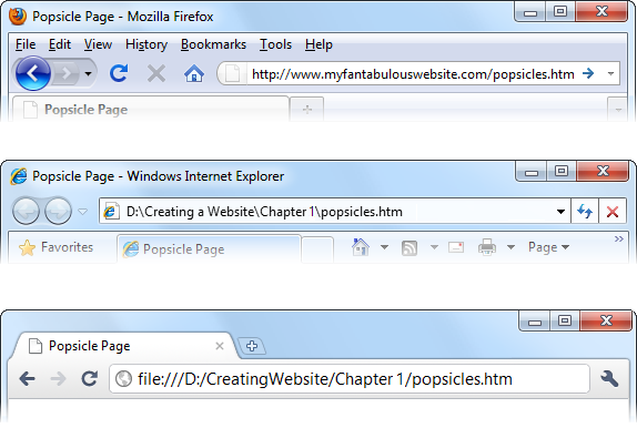 A browser’s address bar reveals where the current web page is really located. If you see “http://” in the address, it comes from a web server on the Internet (top). If you look at a web page that resides on your own computer, you see just an ordinary local file address (middle, showing a Windows file location in Internet Explorer), or you see a URL that starts with the prefix “file:///” (bottom, showing a file location in Chrome).