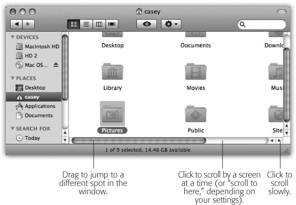 Three ways to control a scroll. The scroll bar arrows (lower right) appear nestled together when you first install Mac OS X, as shown here. And what if you, an old-time Windows or Mac OS 9 fan, prefer these arrows to appear on opposite ends of the scroll bar? Visit the Appearance panel of System Preferences and, under “Place scroll arrows,” choose “At top and bottom.”Tip: On a laptop, you can even scroll diagonally—by dragging with two fingers on the trackpad.