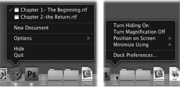 Left: Control-click or right-click a Dock icon to open the secret menu.Right: Control-click the divider bar to open a different hidden menu. This one lists a bunch of useful Dock commands, including the ones listed in the →Dock submenu.