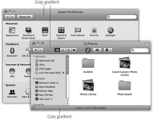 Mac OS X is no longer made of simulated brushed aluminum, as in years past. Now it’s accented with strips of gradient gray (that is, light-to-dark shading). All these gradient gray strips are fair game as handles to drag the window.