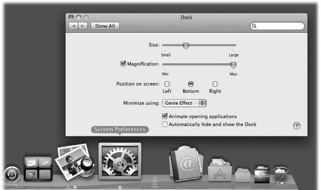 To find a comfortable setting for the magnification slider, choose →Dock →Dock Preferences. Leave the Dock Preferences window open on the screen, as shown here. After each adjustment of the Dock size slider, try out the Dock (which still works when the Dock Preferences window is open) to test your new settings.