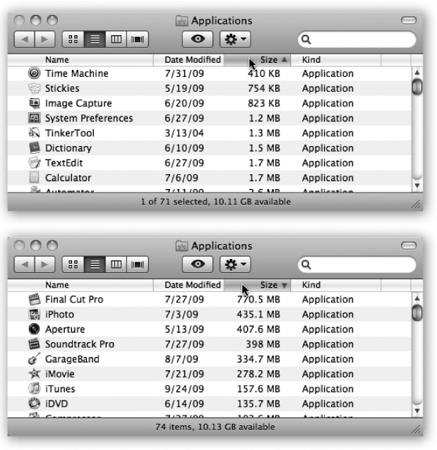 You control the sorting order of a list view by clicking the column headings (top). Click a second time to reverse the sorting order (bottom). You’ll find the identical or triangle—indicating the identical information—in email programs, in iTunes, and anywhere else where reversing the sorting order of the list can be useful.