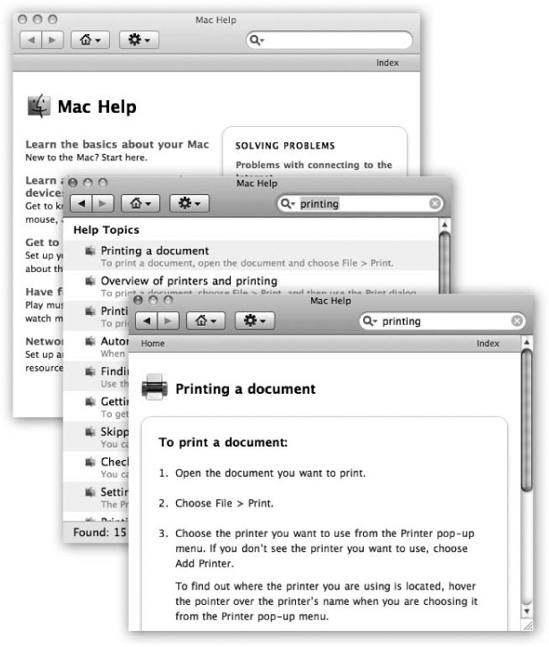 The Mac OS X help system doesn’t bunch together the help pages from every program on your Mac. When you’re in the Finder, you get the general Macintosh help screens. When you’re in iPhoto, you get only iPhoto help screens. And so on. But using the Home pop-up menu, you can switch to another program’s help system even if that program isn’t open.Double-click a topic’s name to open the help page. If it isn’t as helpful as you hoped, click the button at the top to return to the list of relevant topics. Click the little Home button to return to the Help Center’s welcome screen.