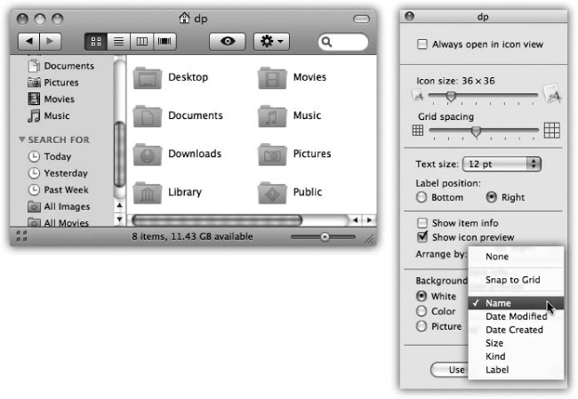 Use either the View menu or the View Options window (right) to turn on permanent cleanliness mode. From now on, you’re not allowed to drag these icons freely. You’ve told the Mac to keep them on the invisible grid, sorted the way you requested, so don’t get frustrated when you try to drag an icon into a new position and then discover that it won’t budge.
