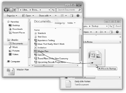 It’s easy to add a program or document icon to your Startup folder so that it launches automatically every time you turn on the computer. Here, a document from the Documents library is being added. You may also want to add a shortcut for the Documents library itself, which ensures that its window will be open and ready each time the computer starts up.