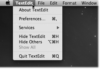 The first menu in every program lets you know, at a glance, which program youâre actually in. It also offers overall program commands like Quit and Hide.