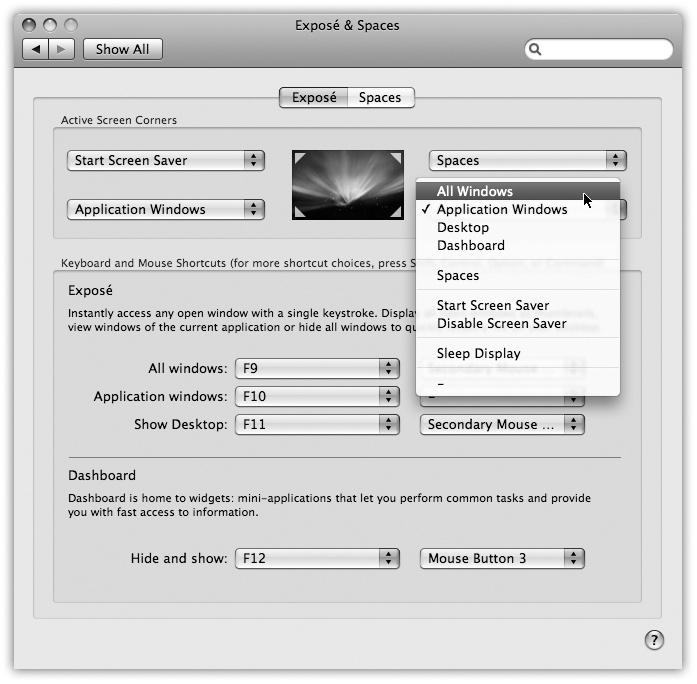 You can trigger ExposÃ© in any of three ways: by twitching your cursor into a certain corner of the screen (top), pressing a key (lower left), or clicking the extra buttons on a multibutton mouse (lower right), including Appleâs Mighty Mouse or Magic Mouse. Of course, thereâs nothing to stop you from setting up all three ways, so you can press in some situations and twitch or click in others.