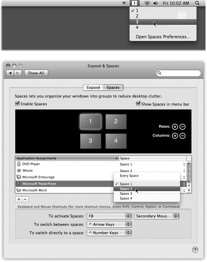 Use the controls at the top to specify how many virtual screens you wantâhow many rows, how many columns, up to 16 in all. Use the middle section to specify where you want particular programs to appear (that is, on which screen) when they open. Use the bottom controls to set up how you want to move from one screen to another.